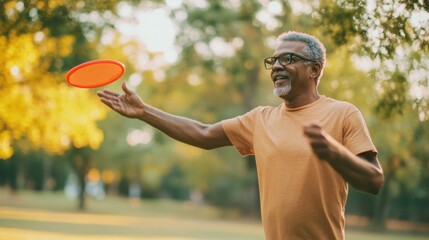 Myopia prevention with a man wearing glasses playing frisbee in the park. Outdoor play, fitness, and eye health