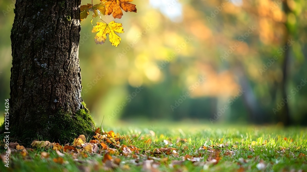 Aufkleber autumn leaves under tree with soft focus on green grass in the park : generative ai