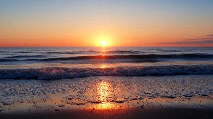Golden Sunset Over Ocean Waves with Reflections on the Sandy Beach : Generative AI