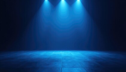 Obraz premium Empty stage illuminated by a single blue spotlight with glowing lights, minimalist, soft focus