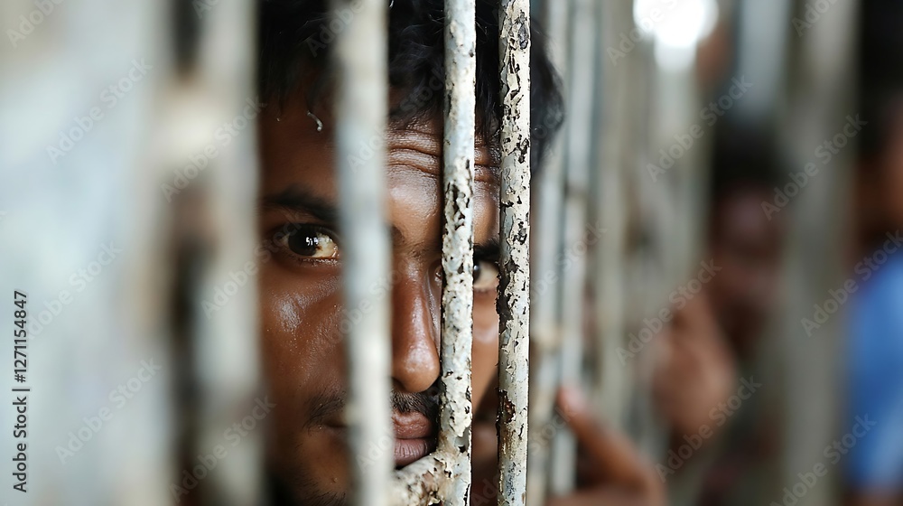 Poster closeup of a young man's face looking through bars capturing emotion and despair : generative ai