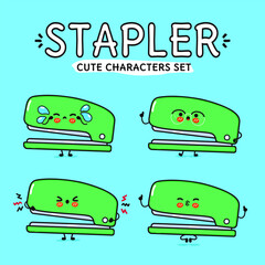 Cute Stapler characters set with playful expressions and actions. Vector hand drawn doodle style cartoon character illustration. Isolated on blue background. Stapler mascot character