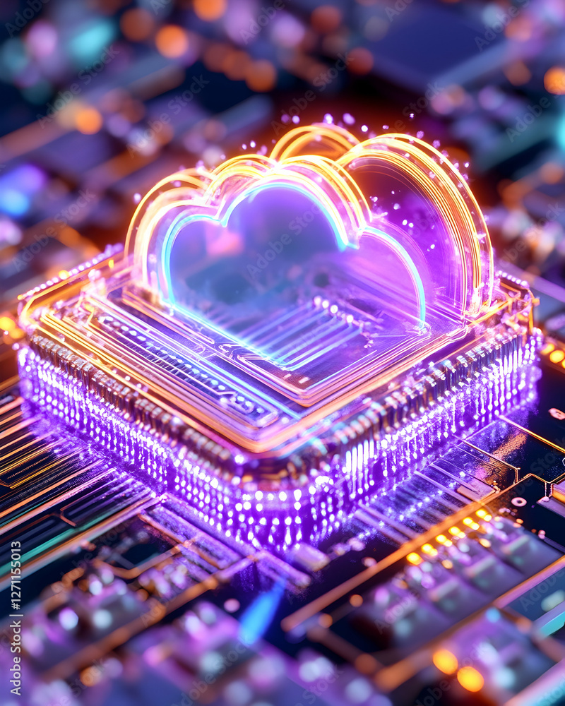 Poster cloud computing chip technology on circuit board, illustrating data storage