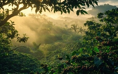 Fototapeta premium A coffee plantation with ripe coffee cherries on branches