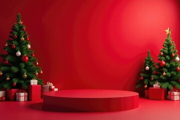 Empty podium with red background amidst Christmas decorations, backdrop, holiday