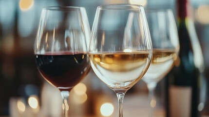Elegant wine glasses with red and white wine showcasing a stylish dining experience in a gourmet setting : Generative AI
