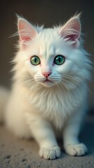 Obraz premium A fluffy snow-white cat with emerald green eyes, intently gazing at the camera, with warm light enhancing the delicate tones of its fur against a muted background
