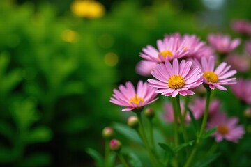 Obraz premium Aster blooms against a backdrop of verdant bushes, nature, garden, plant
