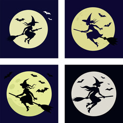 Silhouette of a witch flying on a broomstick against a full moon, mystical and Halloween-themed, clean vector style