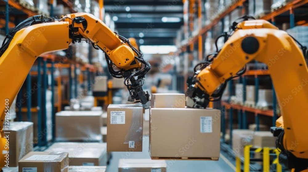 Poster A robotic arm loads and moves boxes in a warehouse setting, efficient and precise