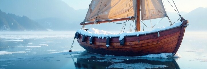 Obraz premium Boat with a layer of fresh snow on its sail and ropes, peaceful, frosty, ice