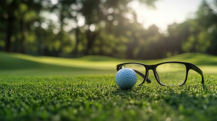 Myopia prevention with a man wearing glasses playing golf outdoors. Wellness, fitness, and eye protection