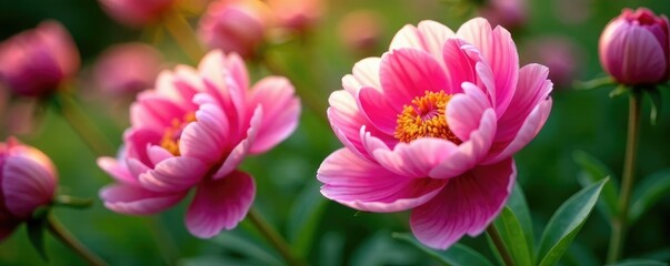 Colorful peonies unfurl their delicate petals, garden, flowers