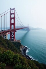 Bridge over bay with foggy morning atmosphere, calm, serene, foggy