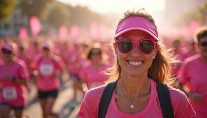Smiling woman leads pink ribbon breast cancer awareness run. People participate in charity event to support cancer research, promote health, survivorship. Women wear pink shirts, sunglasses. Race for