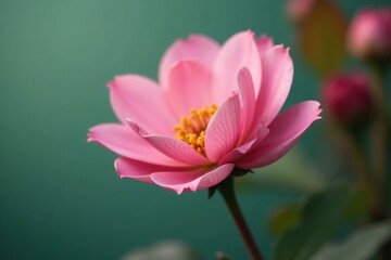 Obraz premium Pink flower in autumnal colors against a muted green background, autumnal colors, pink hues