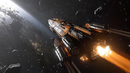 Spaceship launching near planet, asteroid field.