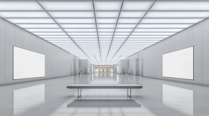 Fototapeta premium Modern art gallery with large blank painting mockups on the walls, featuring a minimalist and contemporary interior design in a bright, airy exhibition space.