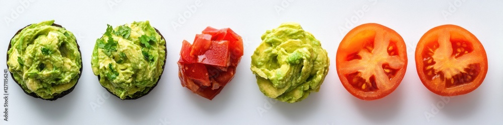 Poster A collection of sliced tomatoes and avocado arranged on a white surface, ready for use in a recipe or as a garnish
