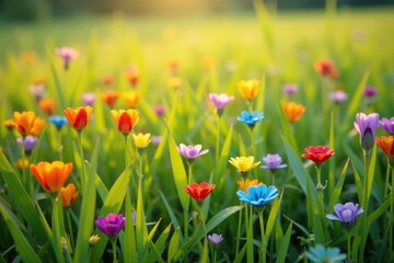 Fototapeta premium Rainbow-colored flowers in a field of tall grass, grass, nature, fields