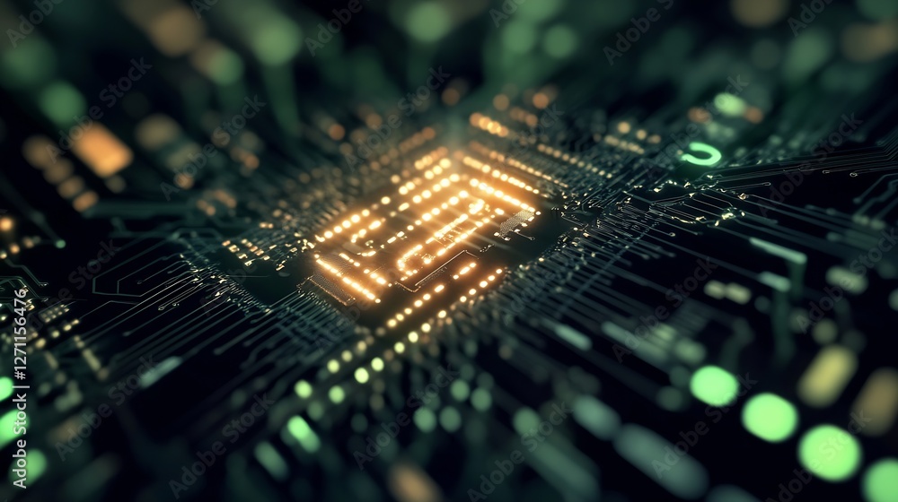 Fototapete Closeup view of a complex electronic circuit board with glowing lights and intricate designs : Generative AI