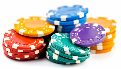 Colorful casino chips stacked on white background. Gambling asset use
