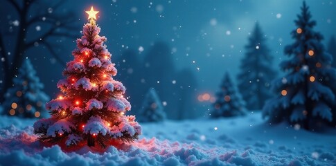 Winter wonderland Christmas tree with icicles and lights, icy effect, festive atmosphere, Christmas trees