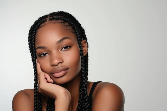 Black young woman with knotless braids hair portrait fashion skin.