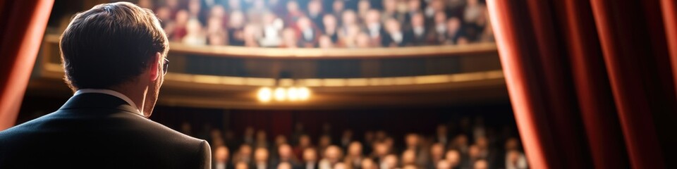 A person standing before a theater curtain, ideal for event or performance related projects