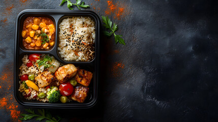 School lunch box with full meal top view with copy space 