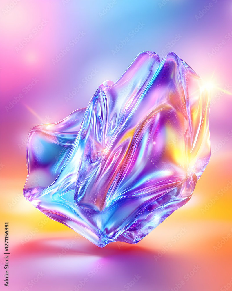 Poster colorful iridescent shape floats with rainbow backdrop for web, design or background