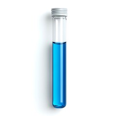A clear glass test tube with a silver cap filled with a blue liquid substance.