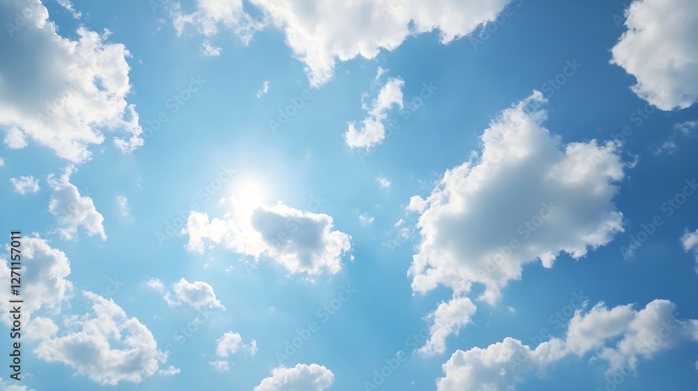 Poster bright blue sky with fluffy white clouds illuminated by the sun in a clear atmosphere : generative a