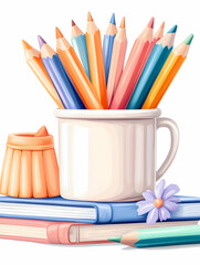 Fototapeta premium Colorful Pencils in Cup on Books for Art, Study, Learning, and Education