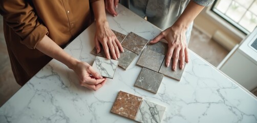 Hands hold marble samples, choose stone for kitchen countertop home remodel. Interior designer consulting with client, selecting best color for kitchen design. Professional designer gives advice on