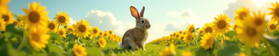 Fototapeta premium Bunny in a field of sunflowers stretching towards the sky, up, tall, easter