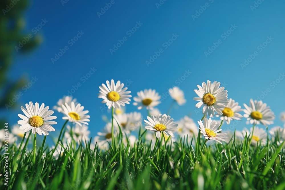 Poster a bright and cheerful field of daisies with a clear blue sky in the background, perfect for adding w