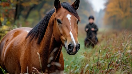 Fototapeta premium Chestnut horse in autumn forest, rider in background, equestrian lifestyle