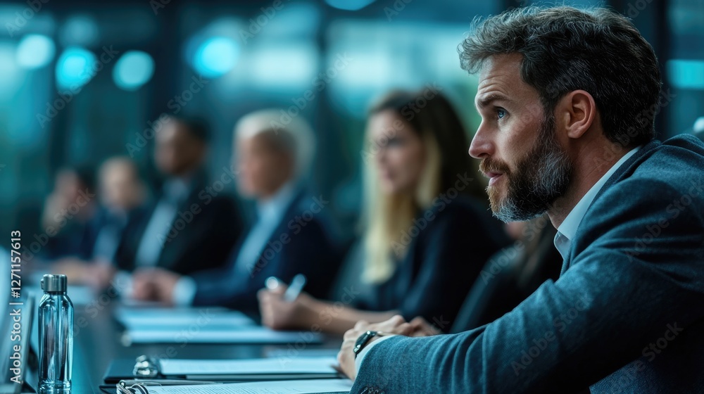 Poster a professional man sits at a table with colleagues discussing work matters