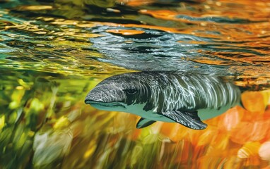 A critically endangered vaquita swimming near the surface