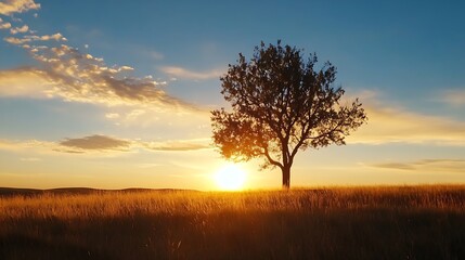 Beautiful Sunset Over a Field with a Single Tree Silhouetted Against the Sky : Generative AI