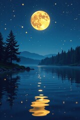 Fototapeta premium Gold stars scattered across the surface of a calm blue moon lake, serene, scenery, water
