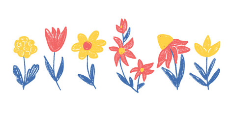 Fototapeta premium Flowers and leaves crayon drawn set. Spring tulip, daisy, chamomile and marguerite plants doodle. Vector naive pencil illustration isolated on white background.