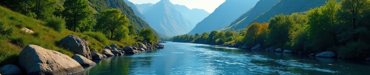 River flows gently through serene mountain landscape, nature, peaks, foliage
