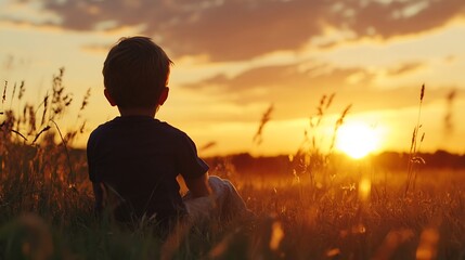 Child Sitting in a Field of Grass Watching a Beautiful Sunset : Generative AI