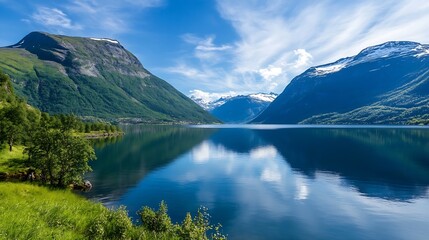 Fototapeta premium Breathtaking View of a Fjord Surrounded by Mountains and Clear Blue Water : Generative AI