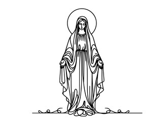 Our Lady Mary, Mother of God with flowing robe in line art style