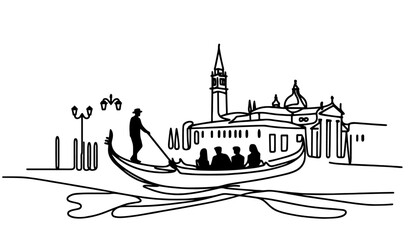 venice gondola with passengers and cityscape in line art minimalistic vector style © Kaz