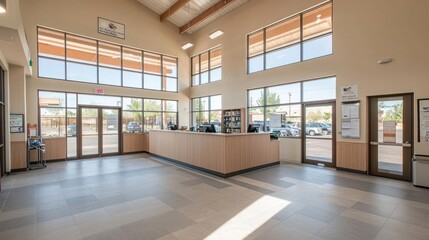 Fototapeta premium Bright Modern Reception Area with Wooden Desk and Large Windows