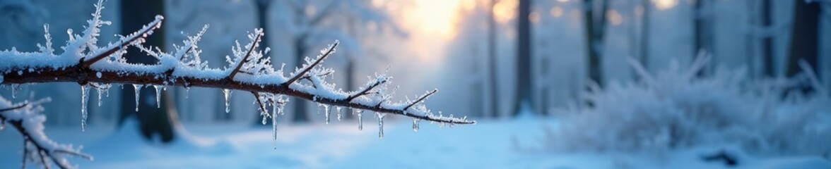 Obraz premium Icy crystals cling to branch limbs in a frozen forest landscape, icy, winter